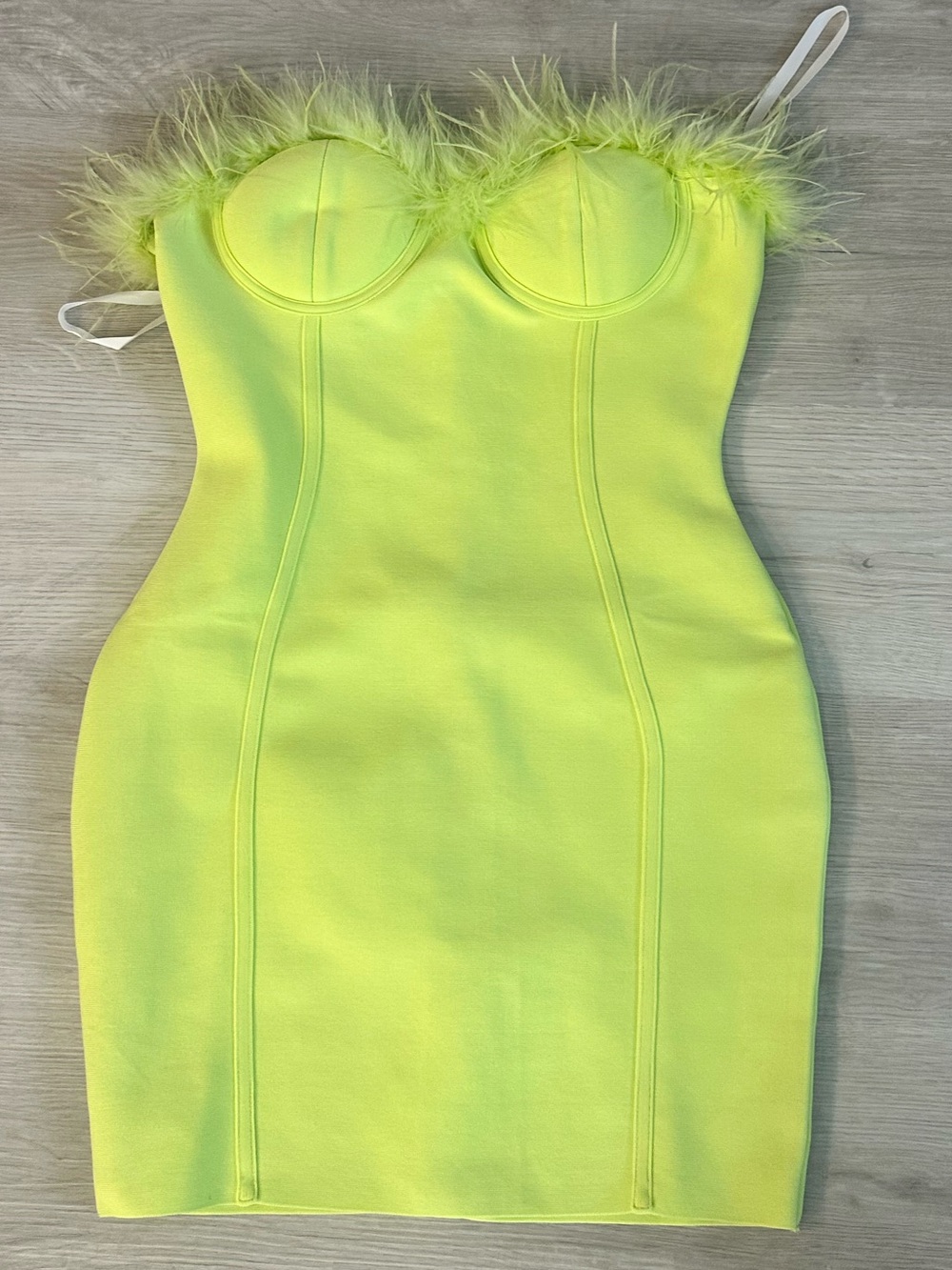 superdown Neon Yellow Feather Trim Strapless Bodycon Dress